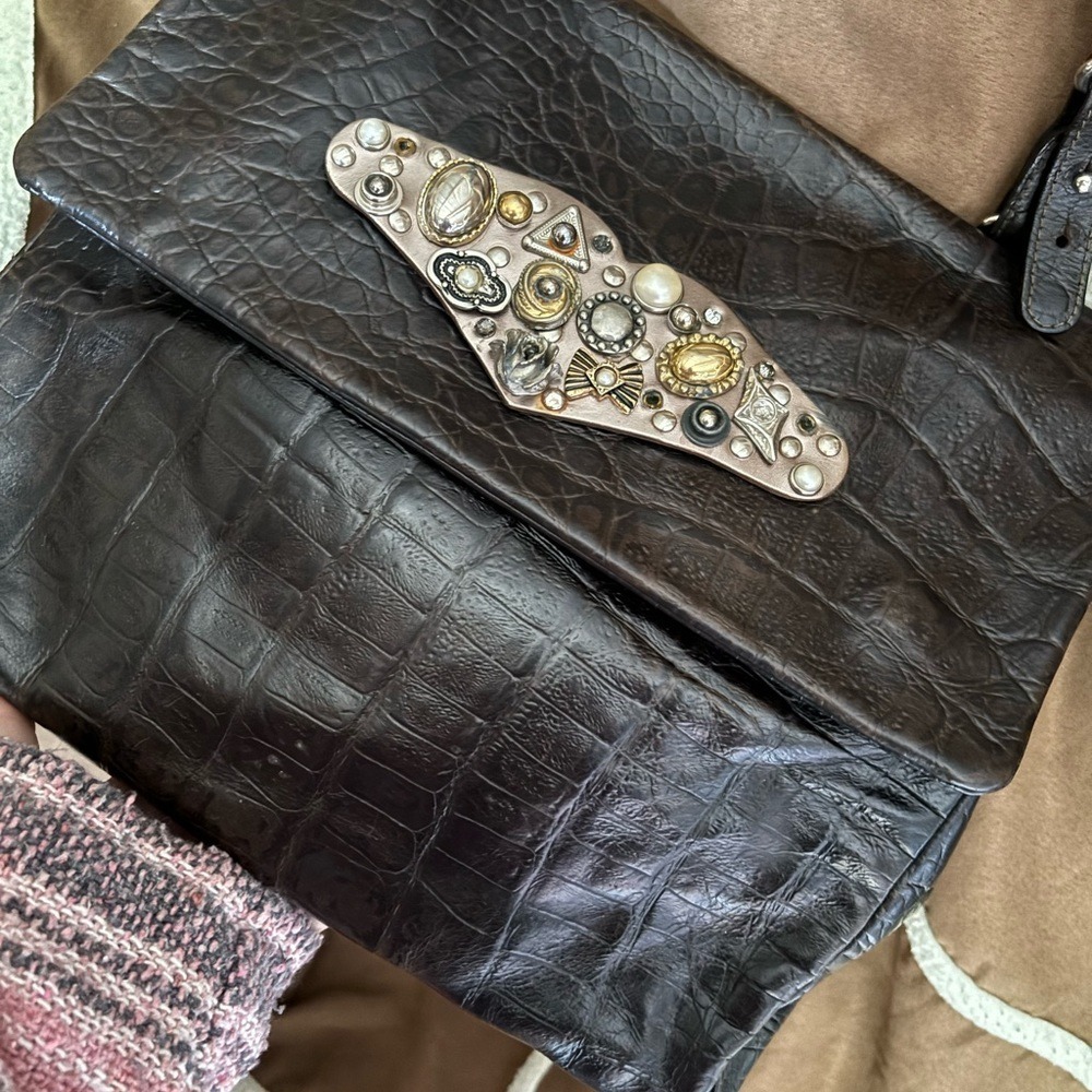 Furla‎ Dark Brown Croc Embossed Leather Embellished Plaque Shoulder Bag Italy